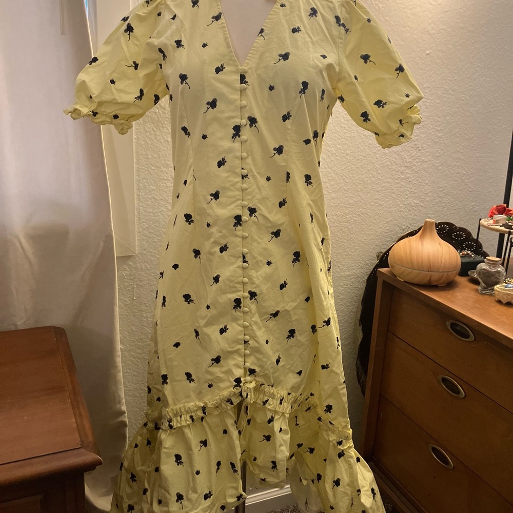 Anthropologie “Crās” 100% Cotton Yellow Dress with Black Floral Pattern